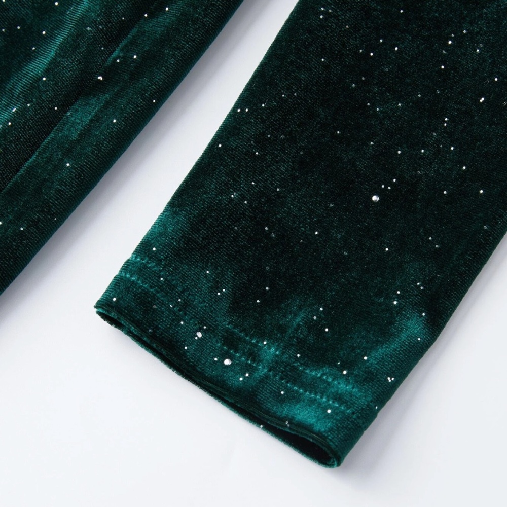 Sparkly Deep Green Velvet Deep V High Slit Midi Dress Long Sleeve - Picture 11 of 16